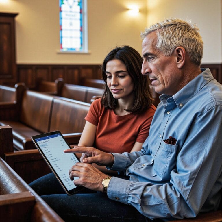 Church members engaging with a digital directory related to Accessibility Audit: Ensuring Your Church Directory Serves Everyone in an indoor setting