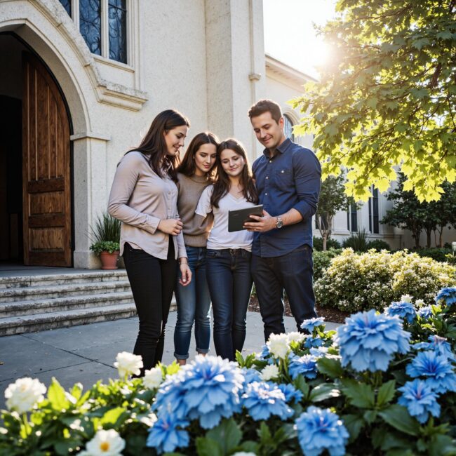 Church members engaging with a digital directory related to Member Business Showcase: Supporting Entrepreneurship Through Your Church Directory in an outdoor setting