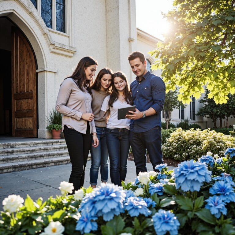 Church members engaging with a digital directory related to Member Business Showcase: Supporting Entrepreneurship Through Your Church Directory in an outdoor setting