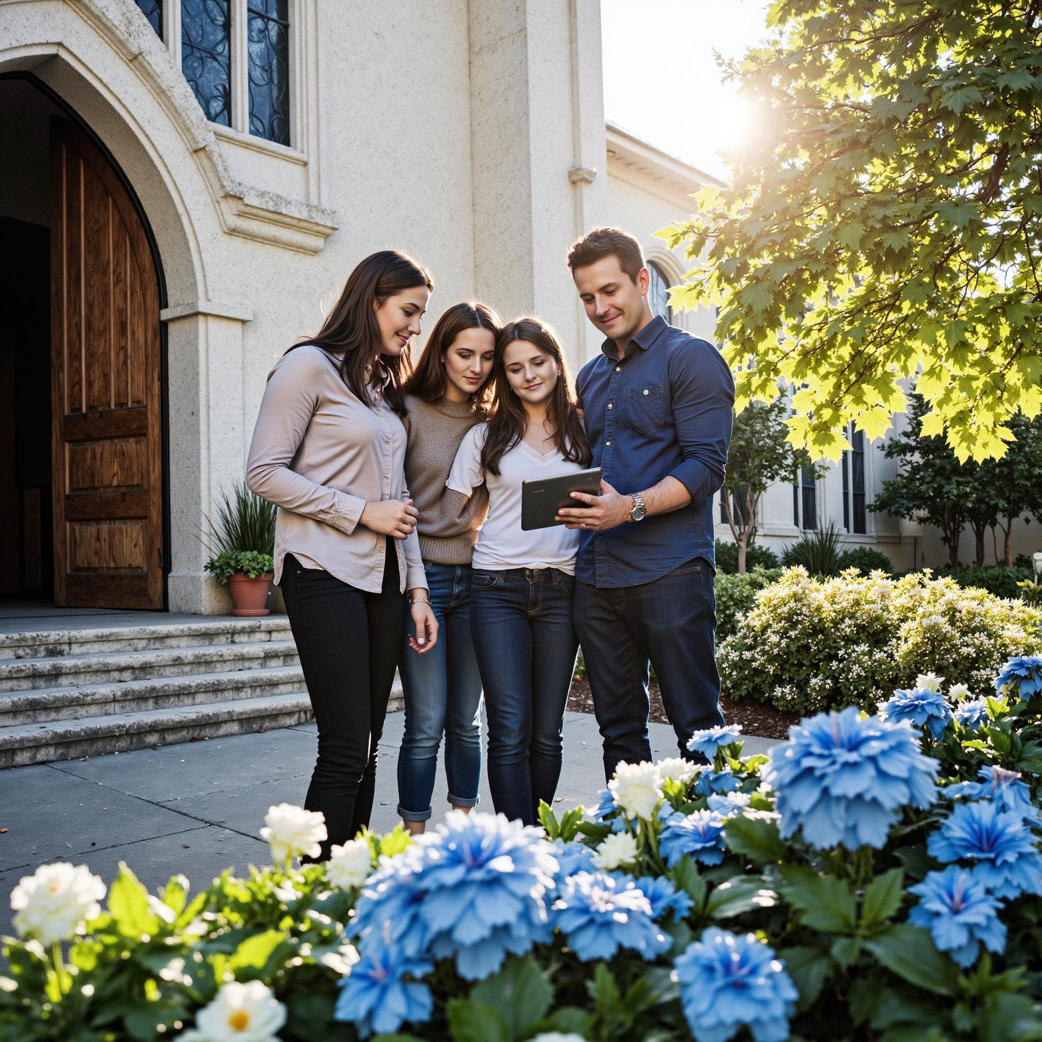 Church members engaging with a digital directory related to Member Business Showcase: Supporting Entrepreneurship Through Your Church Directory in an outdoor setting