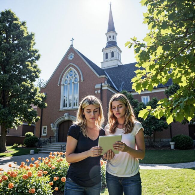 Church members engaging with a digital directory related to Emergency Preparedness Planning: Church Directory Systems for Crisis Response in an outdoor setting