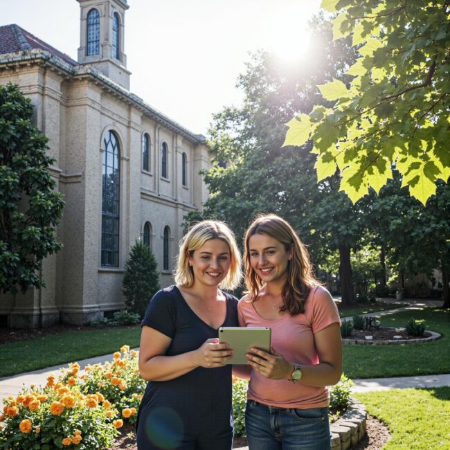 Church members engaging with a digital directory related to Wellness Initiative Integration: Health Ministry Support Through Church Directories in an outdoor setting