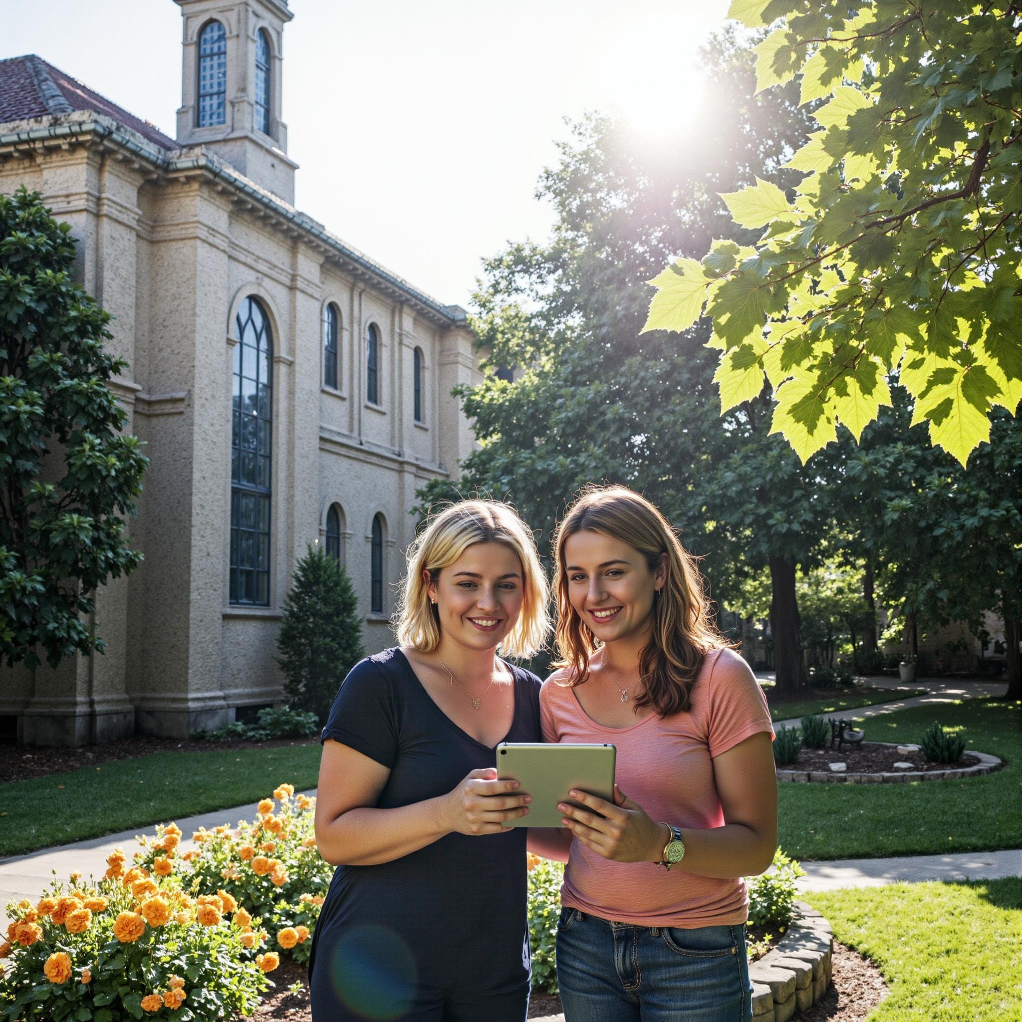 Church members engaging with a digital directory related to Wellness Initiative Integration: Health Ministry Support Through Church Directories in an outdoor setting