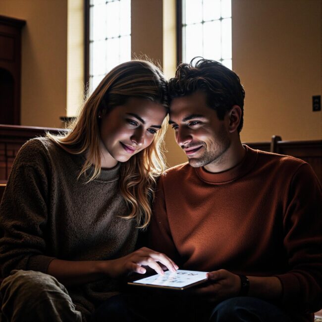 Church members engaging with a digital directory related to Member Spotlight Strategy: Building Community Through Personal Church Directory Features in an indoor setting