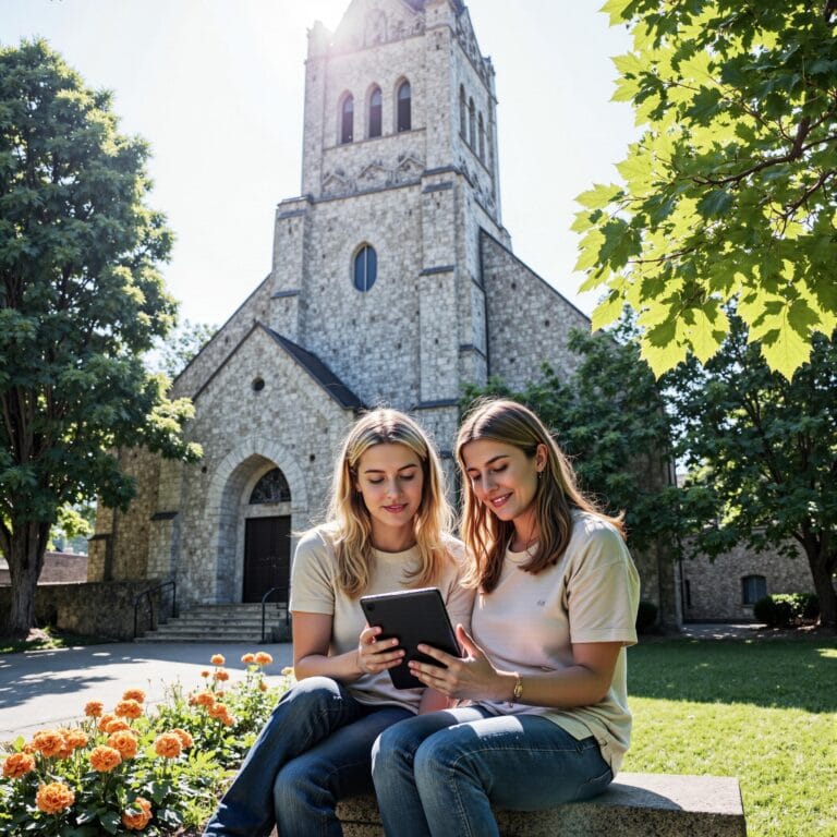 Church members engaging with a digital directory related to Service Project Coordination: Church Directory-Based Systems for Outreach Management in an outdoor setting