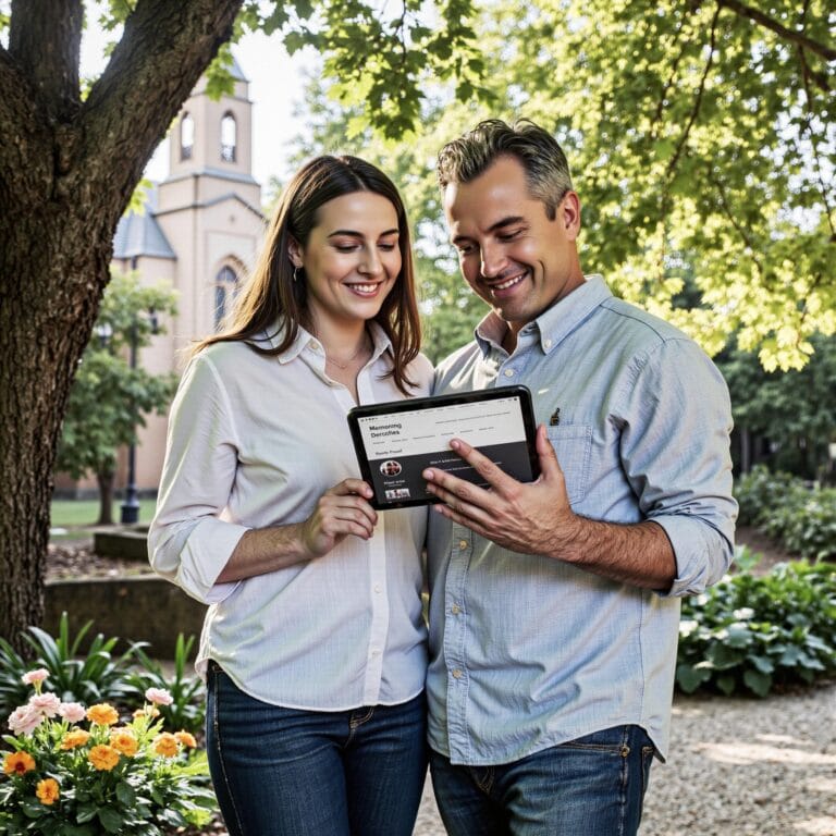 Church members engaging with a digital directory related to Pastoral Visit Enhancement: Using Church Directory Data to Deepen Connections in an outdoor setting