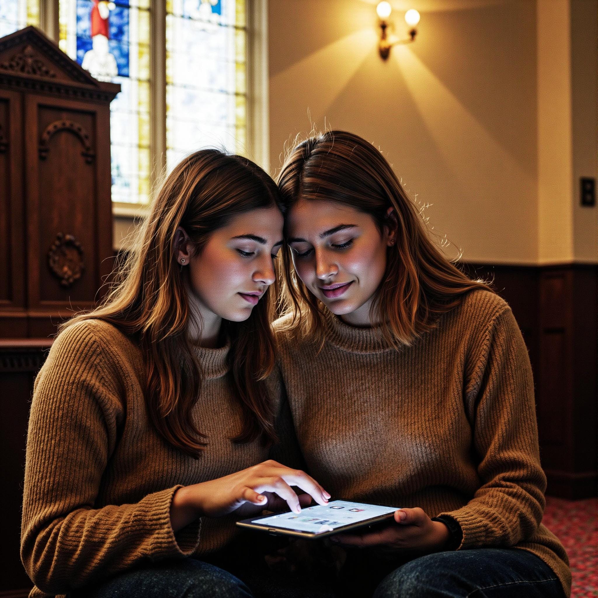 BLOG_000000164 Church members engaging with a digital directory related to Prayer Chain Mobilization: Creating Rapid Response Systems with Church Directories in an indoor setting