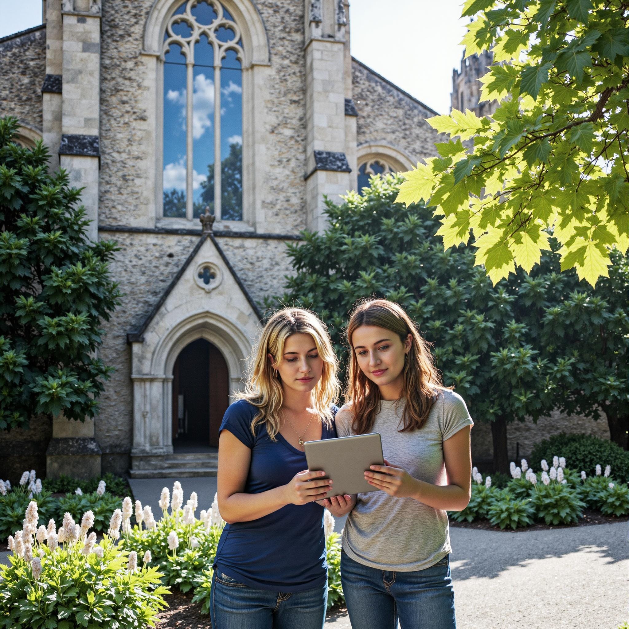 Church members engaging with a digital directory related to Global Impact Facilitation: How Church Directories Support Mission Initiatives in an outdoor setting