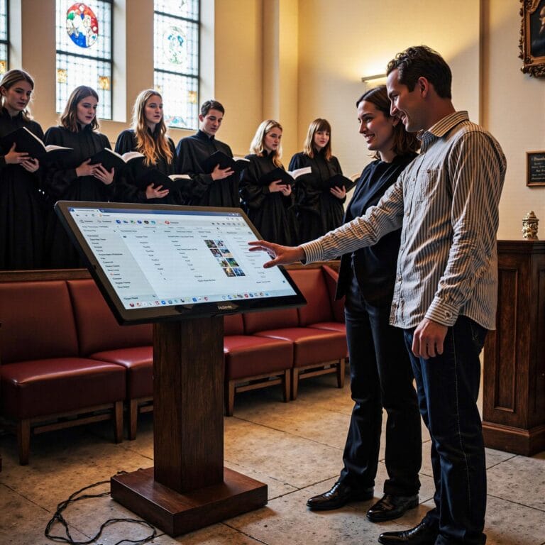 Church members engaging with a digital directory related to Interactive Engagement: Creating Two-Way Church Directory Experiences in an indoor setting