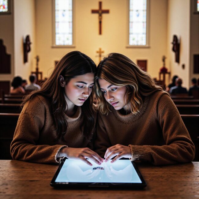 Church members engaging with a digital directory related to Service Coordination Hub: Streamlining Community Projects Through Church Directories in an indoor setting