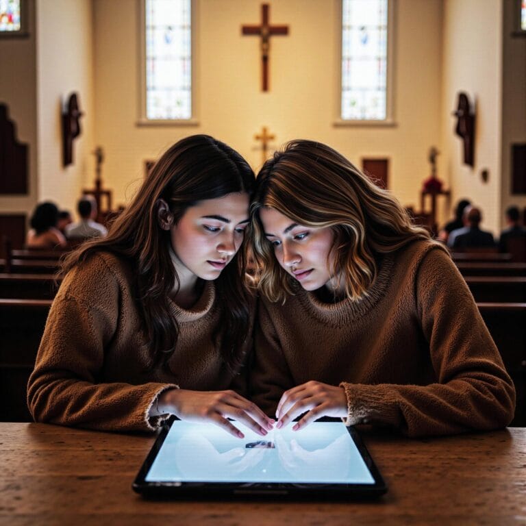 Church members engaging with a digital directory related to Service Coordination Hub: Streamlining Community Projects Through Church Directories in an indoor setting