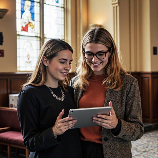 Church members engaging with a digital directory related to Family Ministry Revolution: Church Directory-Based Approaches to Household Support in an indoor setting