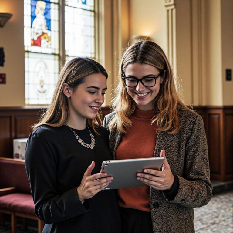 Church members engaging with a digital directory related to Family Ministry Revolution: Church Directory-Based Approaches to Household Support in an indoor setting