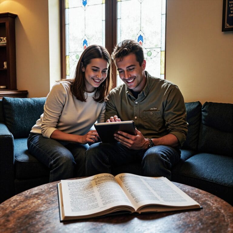 Church members engaging with a digital directory related to Pastoral Care Transformation: Advanced Church Directory Usage for Member Support in an indoor setting