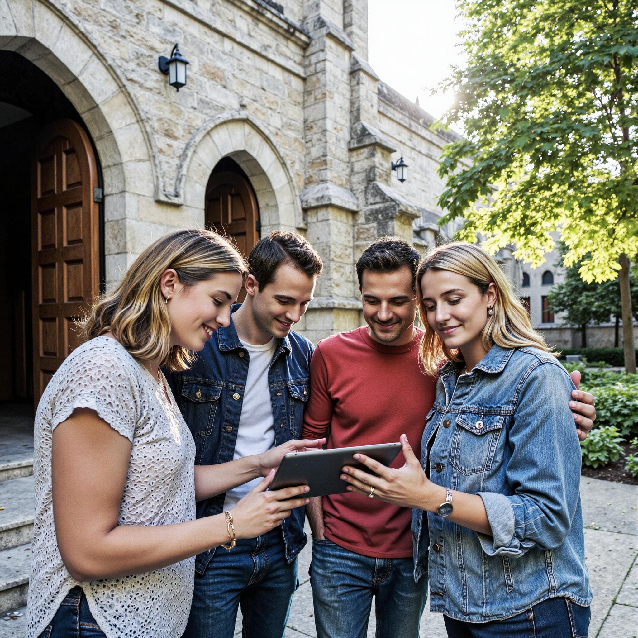 Church members engaging with a digital directory related to Group Formation Catalyst: Church Directory Strategies That Spark New Communities in an outdoor setting