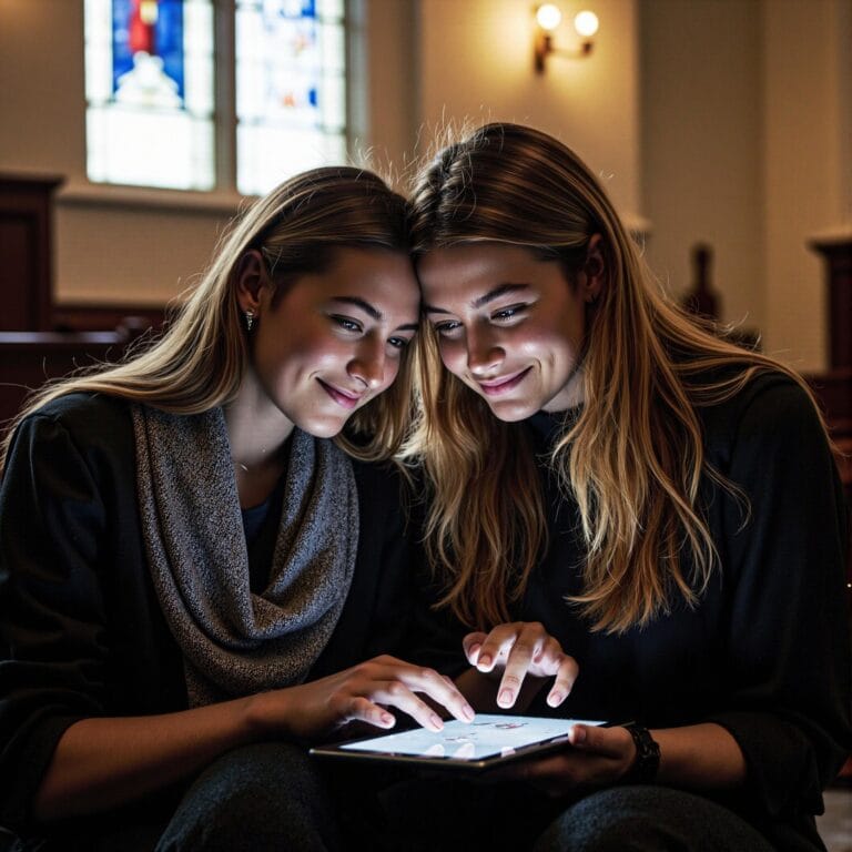 Church members engaging with a digital directory related to Information Lifecycle Management: Keeping Church Directory Data Fresh and Relevant in an indoor setting