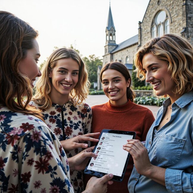 Church members engaging with a digital directory related to Celebration Framework: Using Church Directories to Honor Member Milestones in an outdoor setting