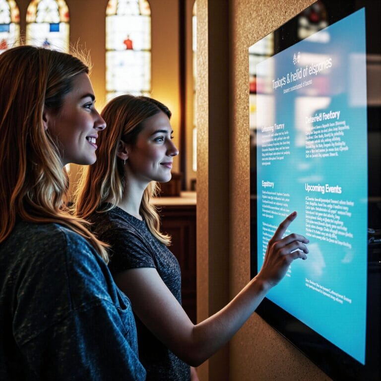 Church members engaging with a digital directory related to Event Promotion Amplifier: Church Directory-Based Communication for Maximum Attendance in an indoor setting