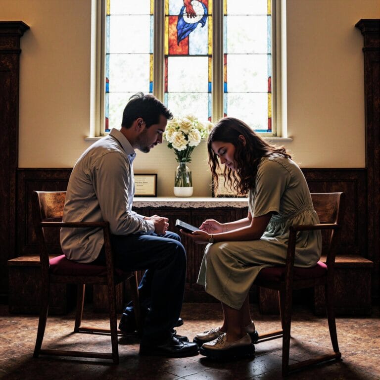 Church members engaging with a digital directory related to Social Connection Bridge: Integrating Online Platforms with Your Church Directory in an indoor setting