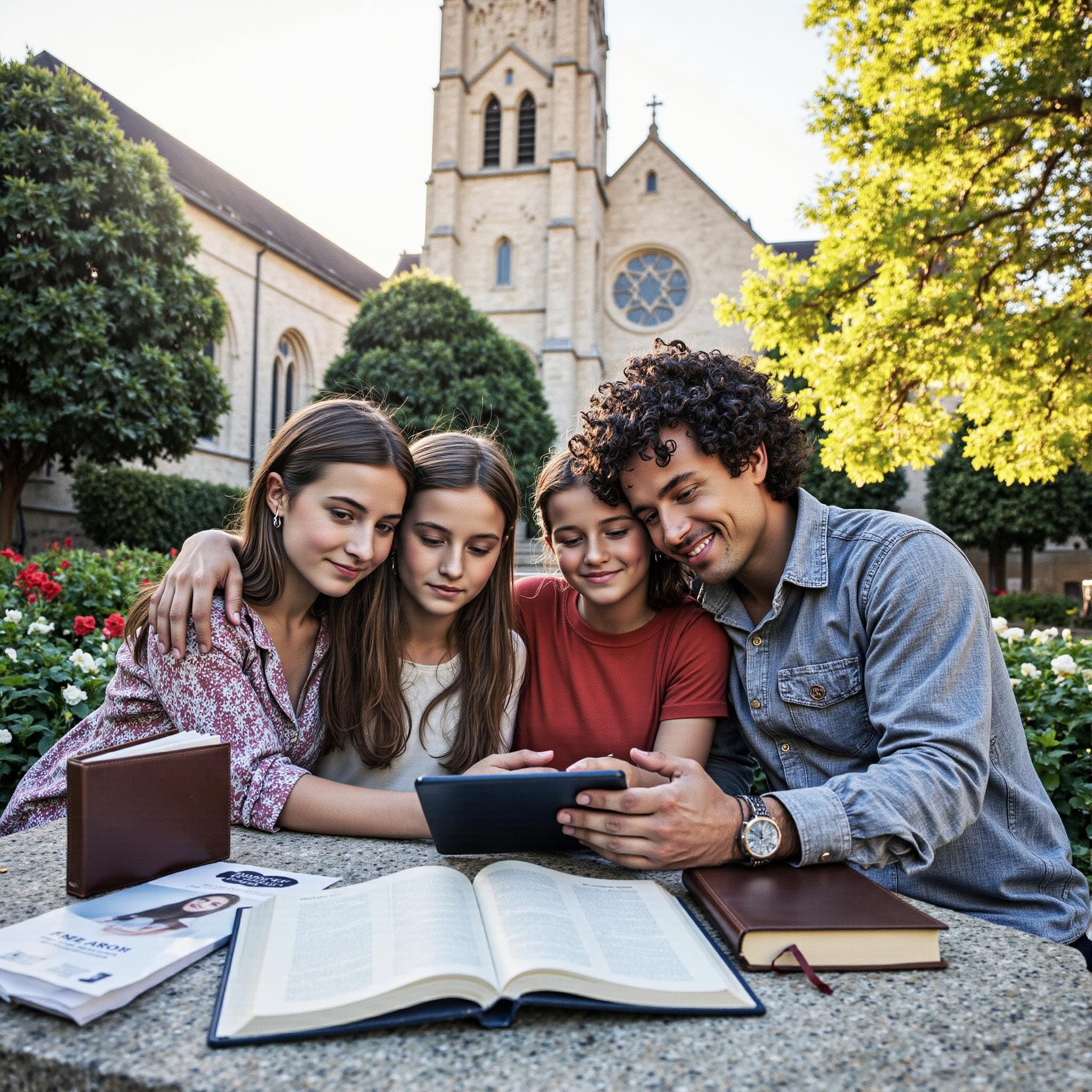 Church members engaging with a digital directory related to Testimony Archive: Collecting and Preserving Member Stories Through Church Directories in an outdoor setting