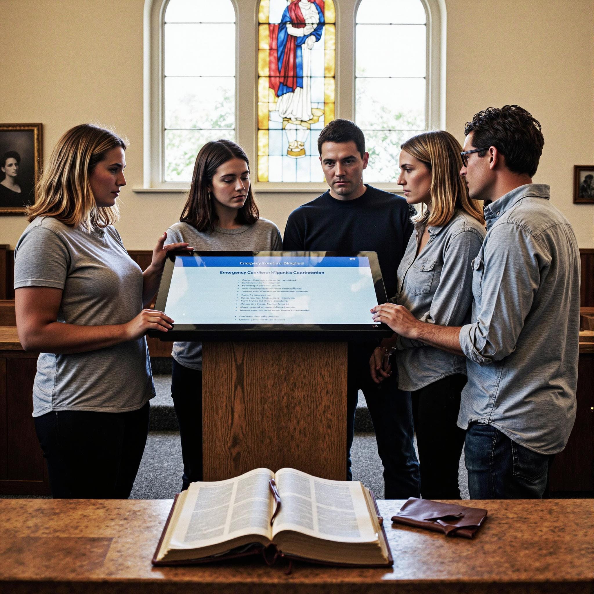 Church members engaging with a digital directory related to Emergency Response Coordination: Church Directory Systems for Crisis Management in an indoor setting
