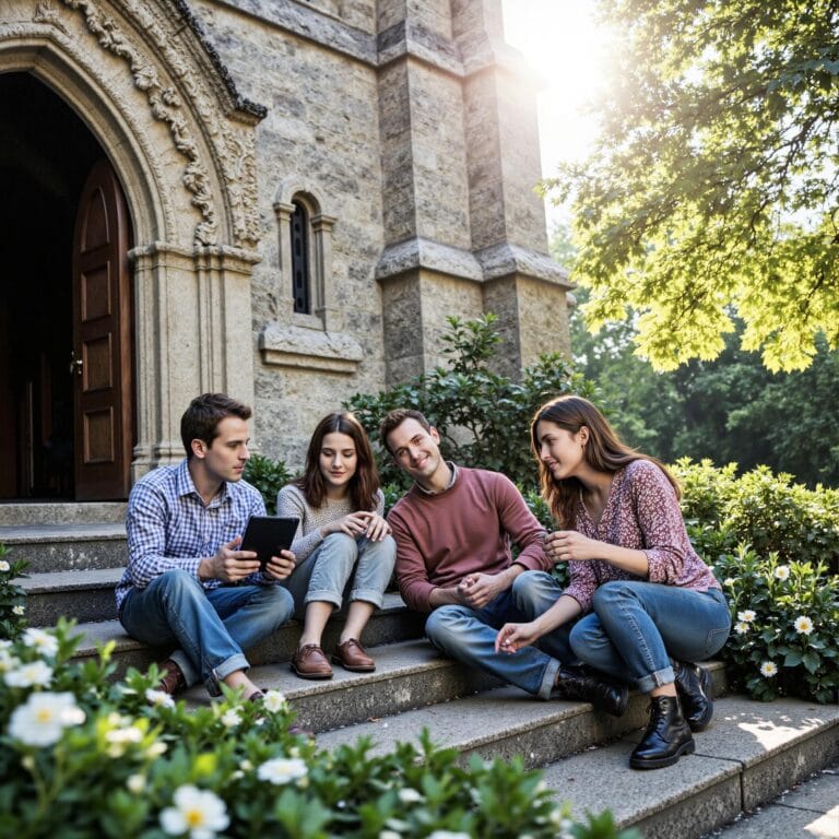 Church members engaging with a digital directory related to Member Data Ownership: Building Trust Through Transparent Church Directory Practices in an outdoor setting