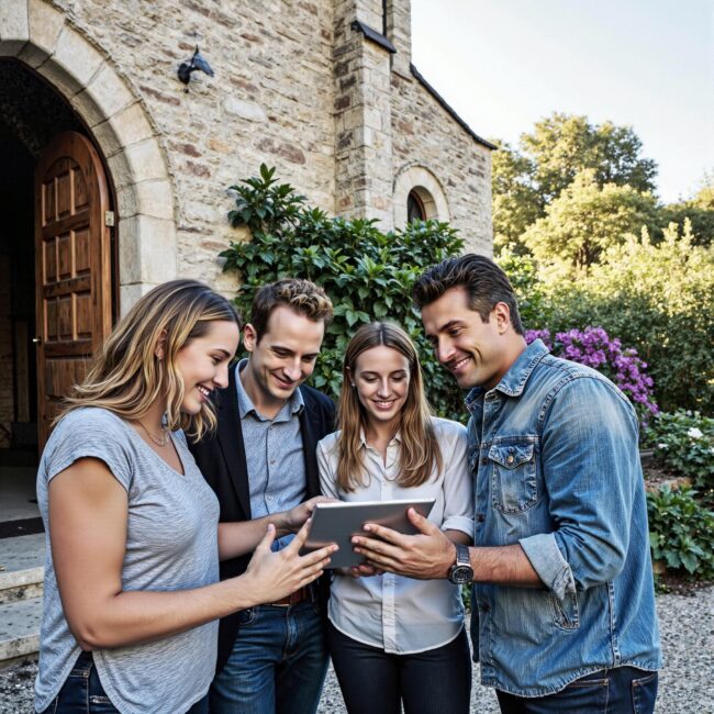 Church members engaging with a digital directory related to Worship Team Coordination: Church Directory Applications for Ministry Excellence in an outdoor setting
