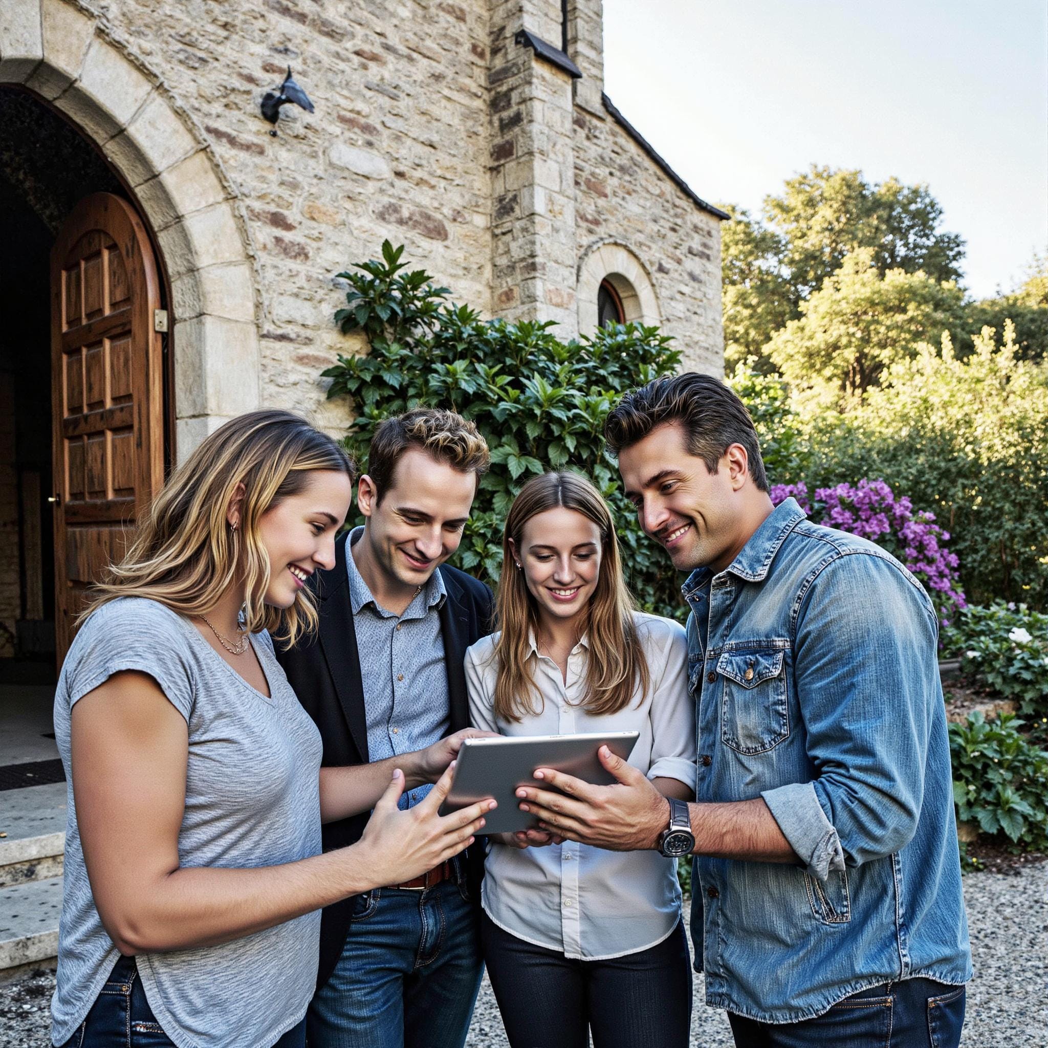 Church members engaging with a digital directory related to Worship Team Coordination: Church Directory Applications for Ministry Excellence in an outdoor setting