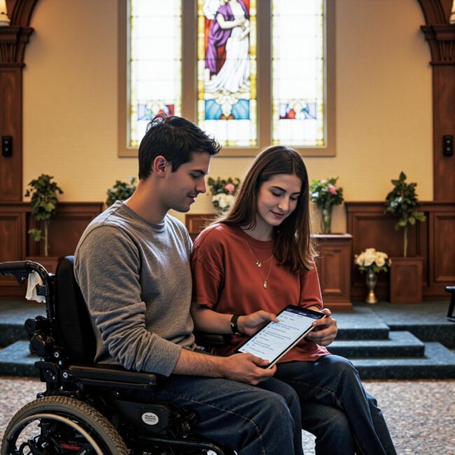 Church members engaging with a digital directory related to Accessibility Without Compromise: Making Church Directories Work for Everyone in an indoor setting