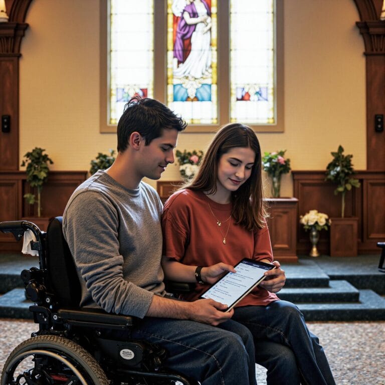 Church members engaging with a digital directory related to Accessibility Without Compromise: Making Church Directories Work for Everyone in an indoor setting