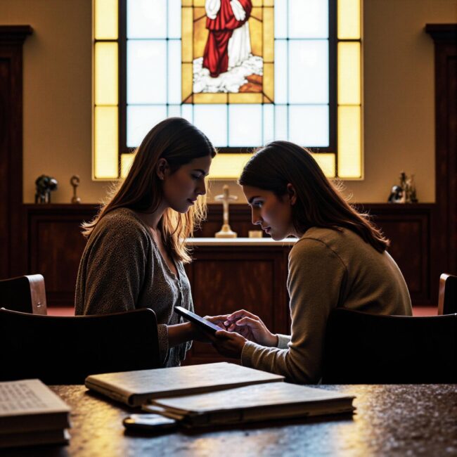 Church members engaging with a digital directory related to Interest-Based Connection: Using Church Directories to Match Similar Members in an indoor setting