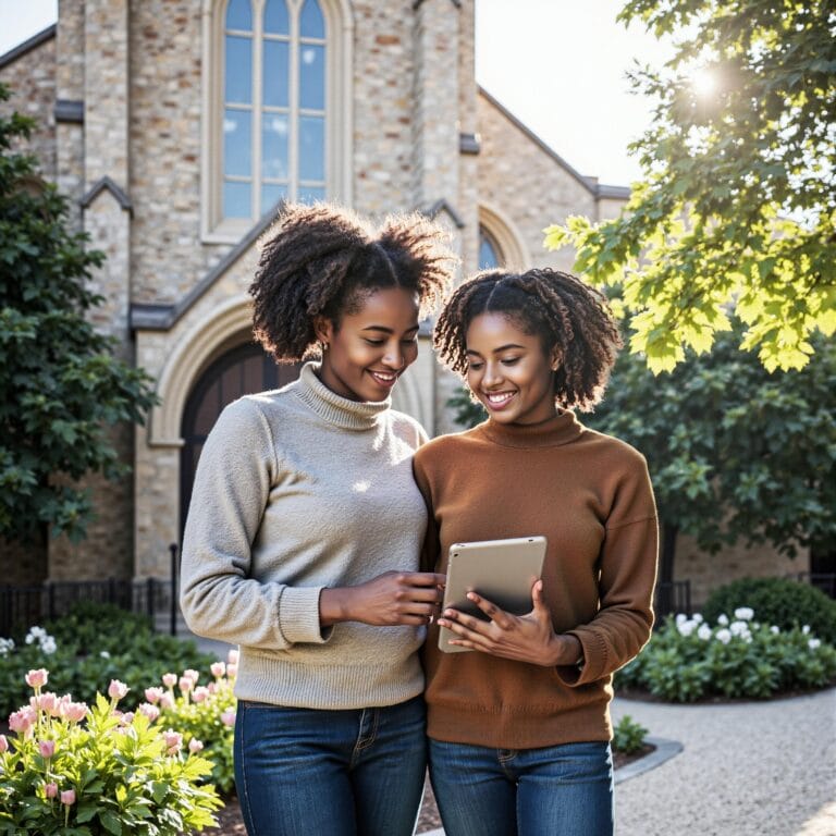 Church members engaging with a digital directory related to Volunteer Pipeline Development: Church Directory Strategies for Ministry Growth in an outdoor setting