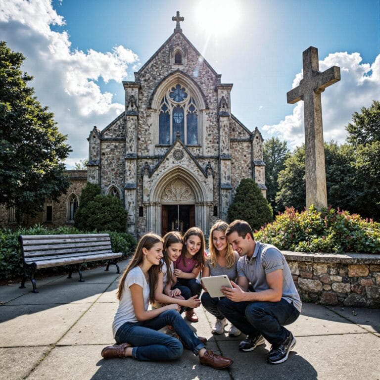 Church members engaging with a digital directory related to Transparency Revolution: How Church Directories Transform Church Communication in an outdoor setting