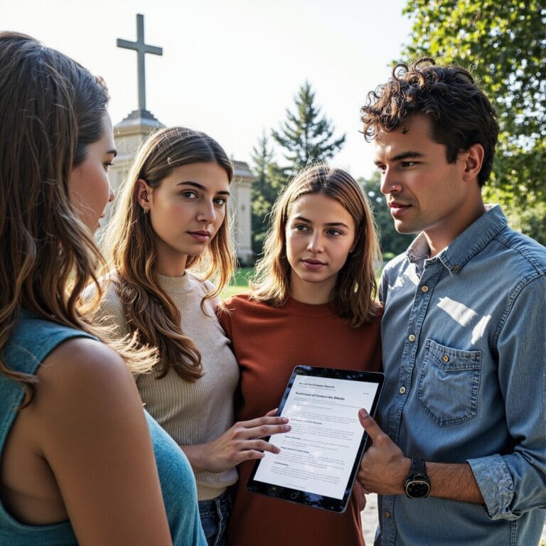 Church members engaging with a digital directory related to Crisis Communication Playbook: Church Directory-Based Emergency Response Systems in an outdoor setting