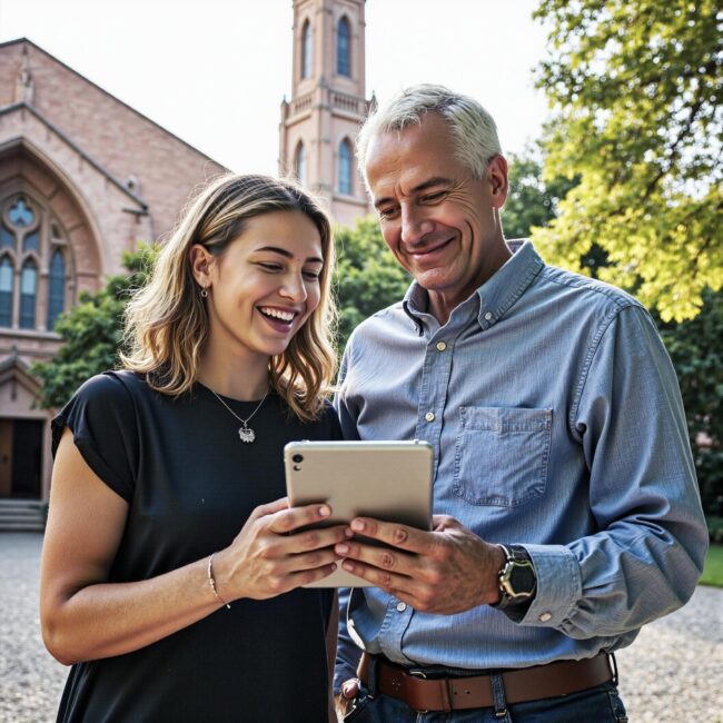 Church members engaging with a digital directory related to Educational Opportunity Amplifier: Learning Promotion Through Church Directories in an outdoor setting