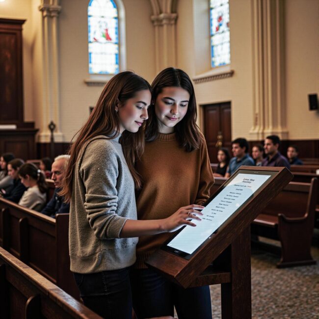 Church members engaging with a digital directory related to Interactive Experience Design: Beyond Static Listings in Modern Church Directories in an indoor setting