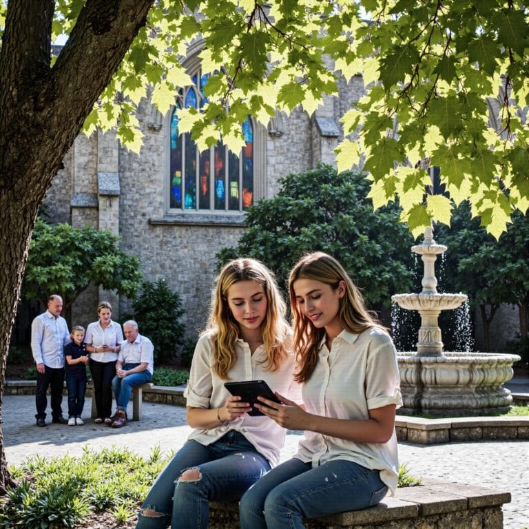 Church members engaging with a digital directory related to Family Connection Strengthening: Church Directory Applications for Household Unity in an outdoor setting