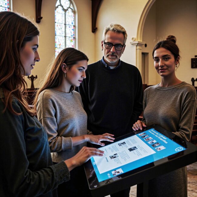 Church members engaging with a digital directory related to Accountability Framework: How Church Directories Support Spiritual Growth Communities in an indoor setting