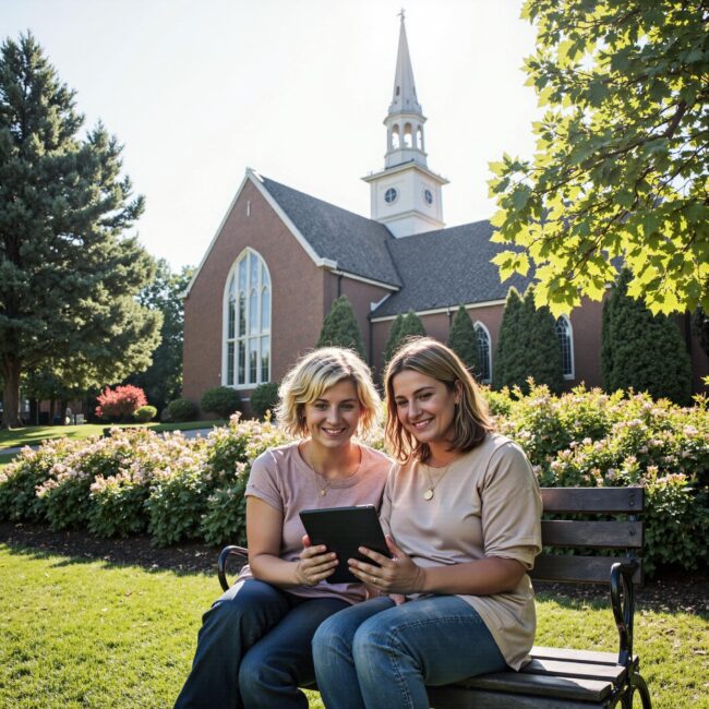 Church members engaging with a digital directory related to Homebound Member Support Systems: Reaching Everyone Through Your Church Directory in an outdoor setting