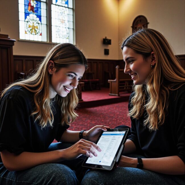 BLOG_000000220 Church members engaging with a digital directory related to Transportation Coordination Matrix: Event Access Solutions Through Church Directories in an indoor setting