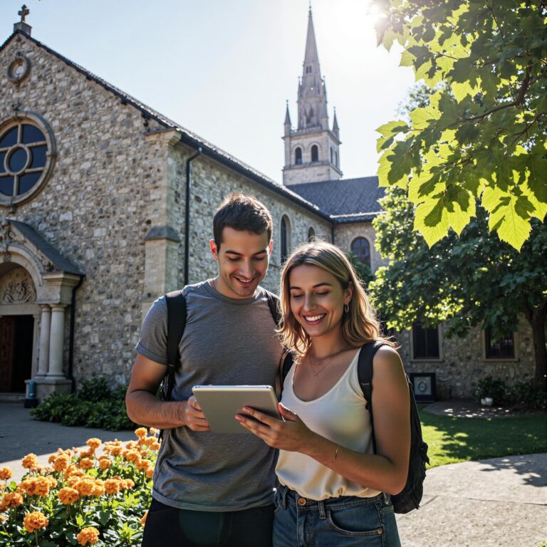 Church members engaging with a digital directory related to Leadership Contact Strategy: Balancing Accessibility and Boundaries in Church Directories in an outdoor setting