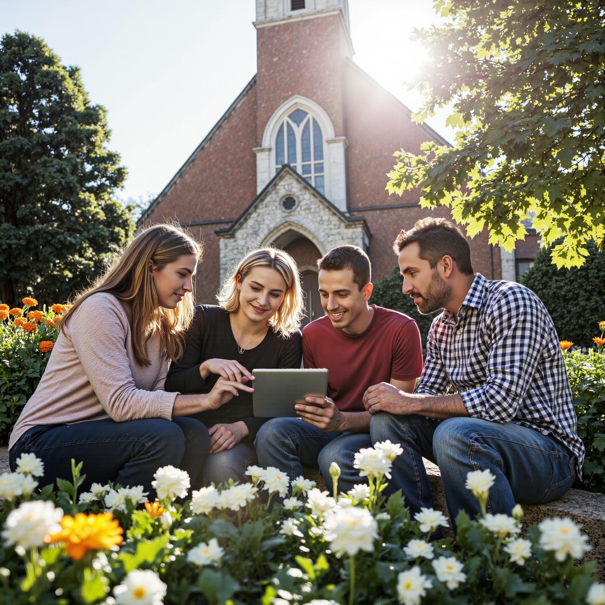 Church members engaging with a digital directory related to Transparency Culture Building: Church Directory Approaches for Open Leadership in an outdoor setting