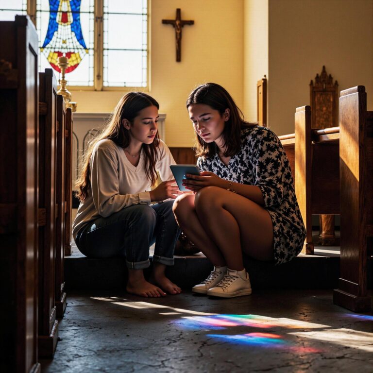 Church members engaging with a digital directory related to Stewardship Campaign Coordination: Fundraising Support Through Church Directories in an indoor setting