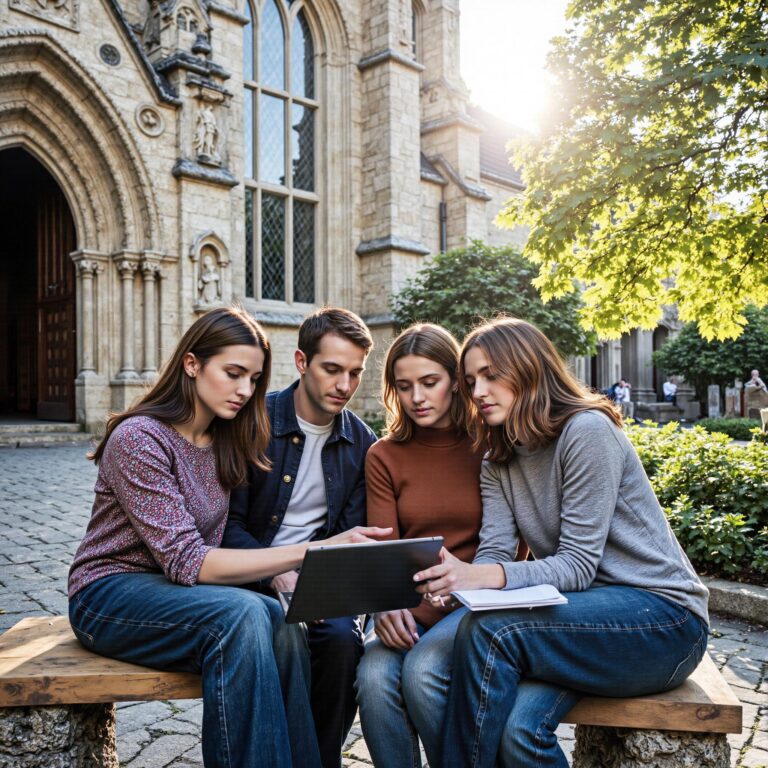 Church members engaging with a digital directory related to Change Management Communication: Church Directory Strategies During Transitions in an outdoor setting