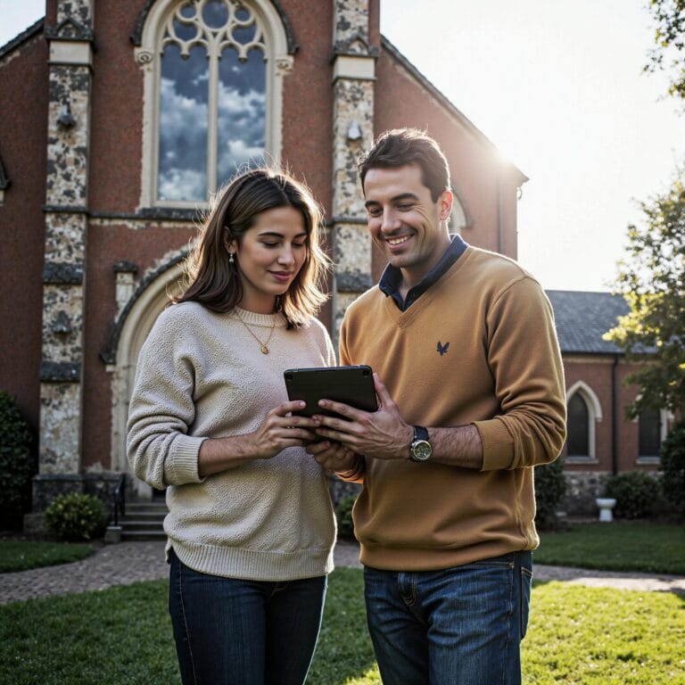Church members engaging with a digital directory related to Historical Preservation Framework: Using Church Directories to Document Church Journey in an outdoor setting