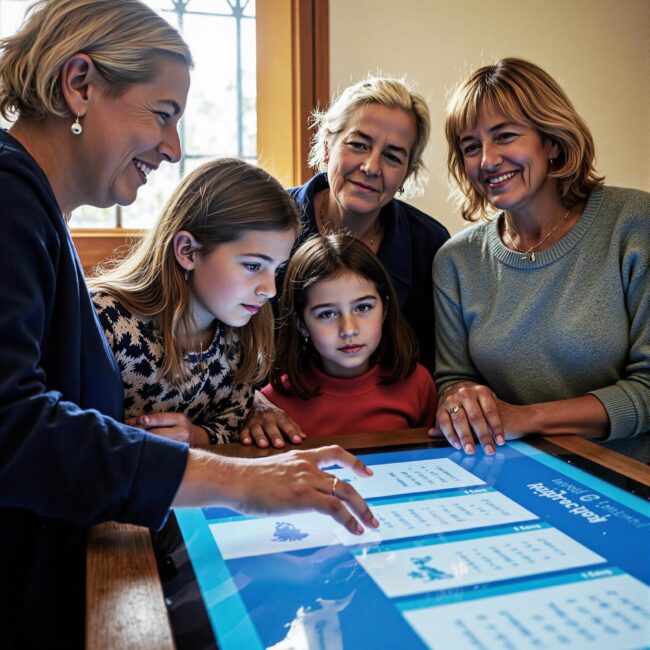 Church members engaging with a digital directory related to Intergenerational Connection Catalyst: Bridging Age Gaps Through Church Directories in an indoor setting