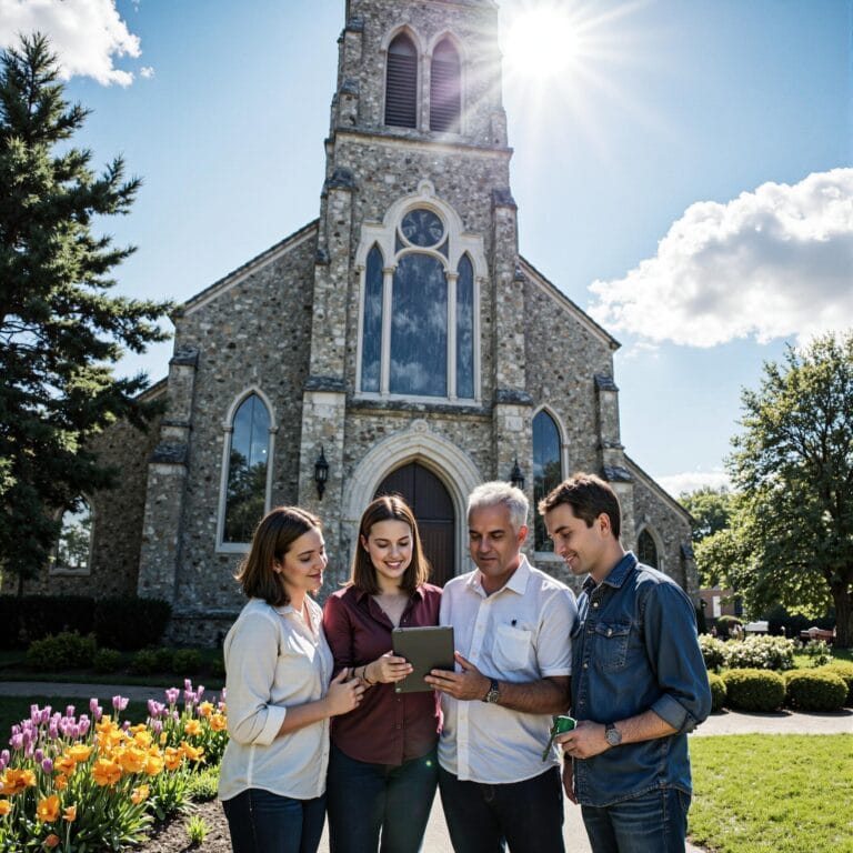 Church members engaging with a digital directory related to Worship Planning Enhancement: Church Directory Applications for Service Preparation in an outdoor setting