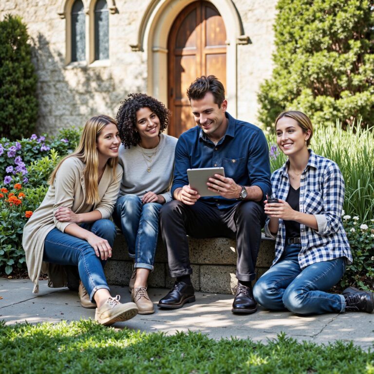 Church members engaging with a digital directory related to Church Planting Support Systems: Church Directory Strategies for New Congregations in an outdoor setting