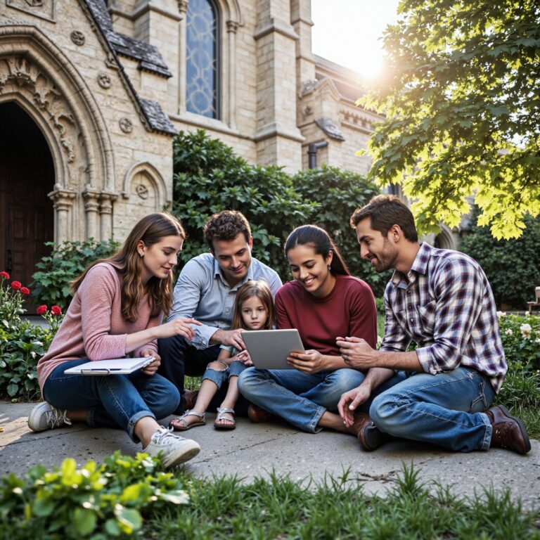 Church members engaging with a digital directory related to Outreach Coordination Hub: Community Impact Through Strategic Church Directory Use in an outdoor setting