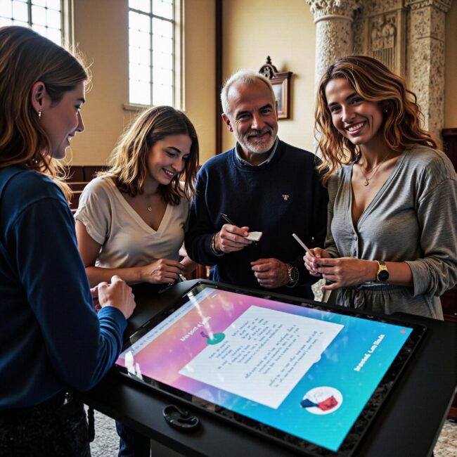 Church members engaging with a digital directory related to Spiritual Gifts Activation: Talent Discovery Through Church Directory Systems in an indoor setting